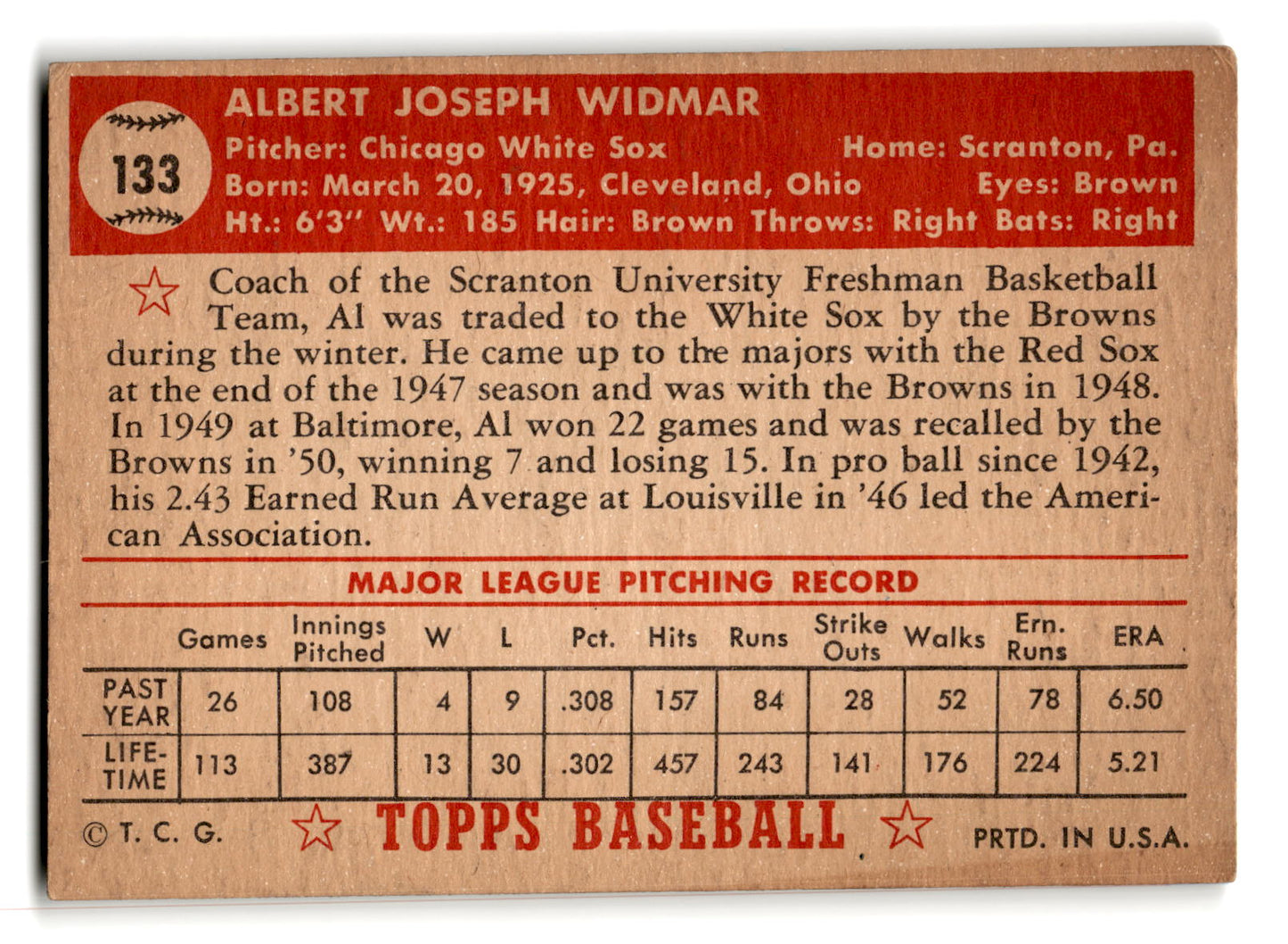 1952 Topps #133 Al Widmar - Chicago White Sox vg