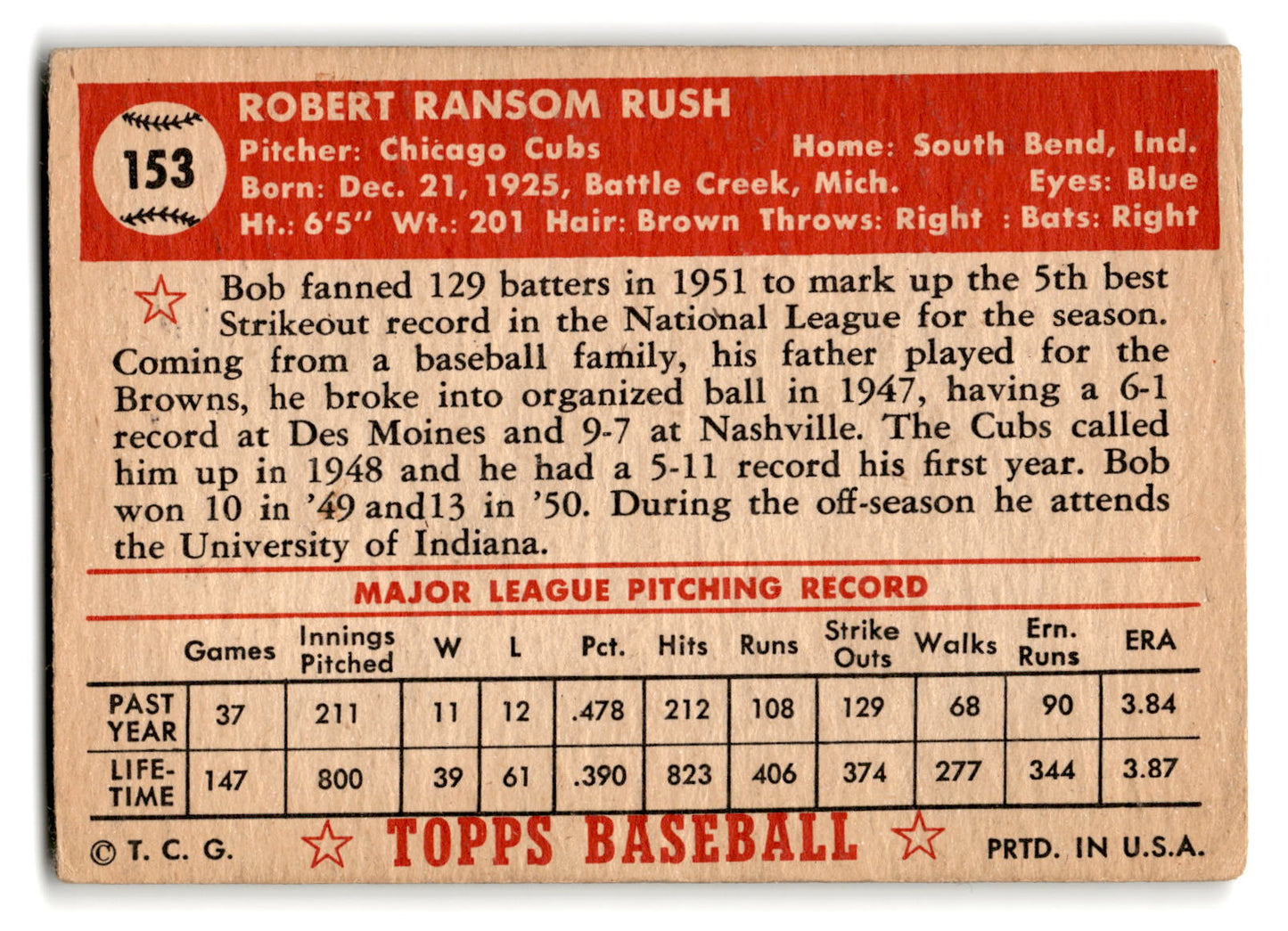 1952 Topps #153 Bob Rush - Chicago Cubs vg