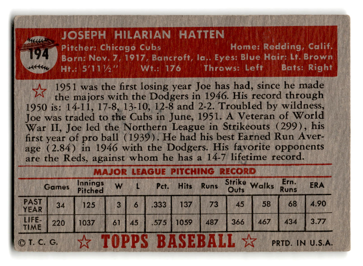 1952 Topps #194 Joe Hatten - Chicago Cubs g mk