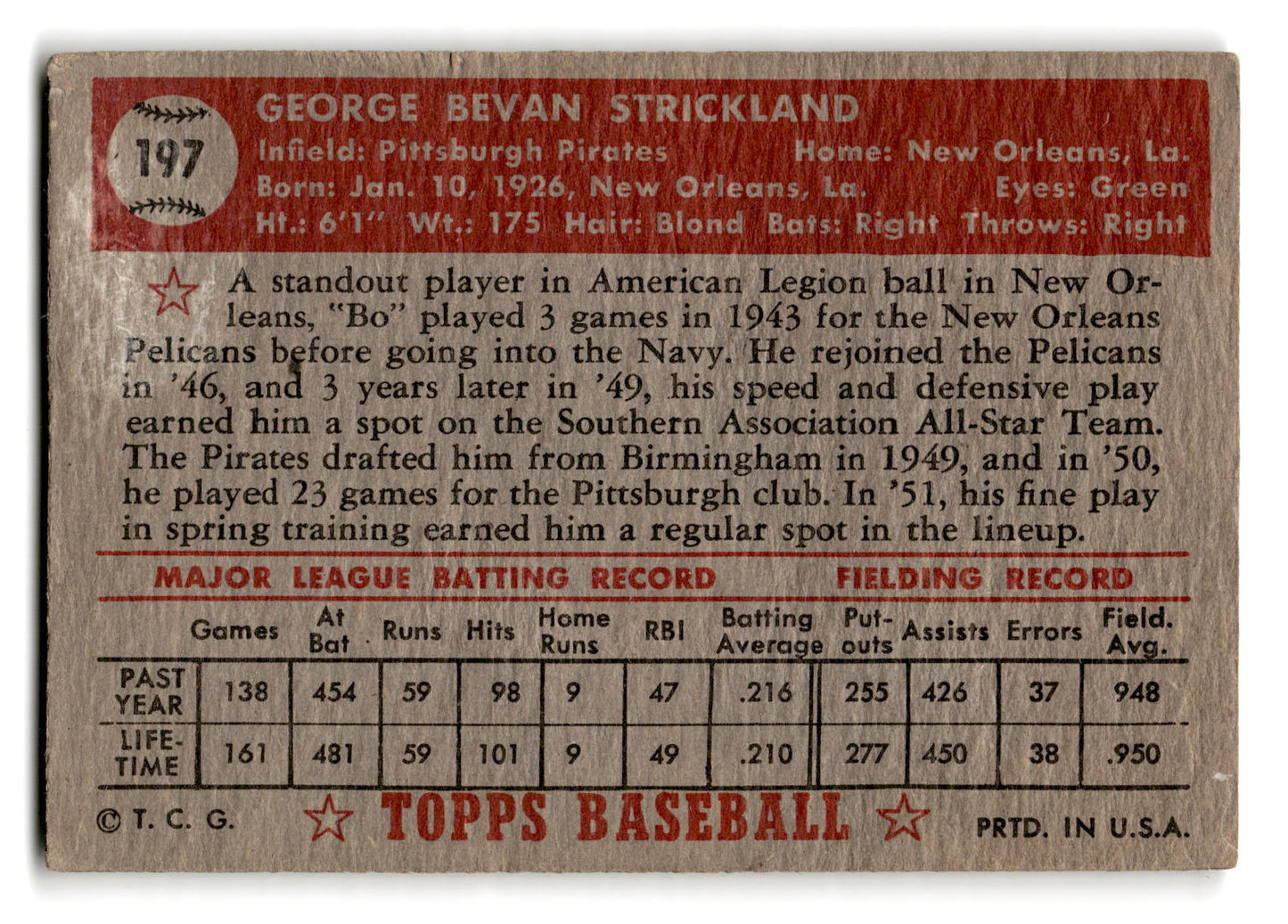 1952 Topps #197 George Strickland - Pittsburgh Pirates RC vg ex