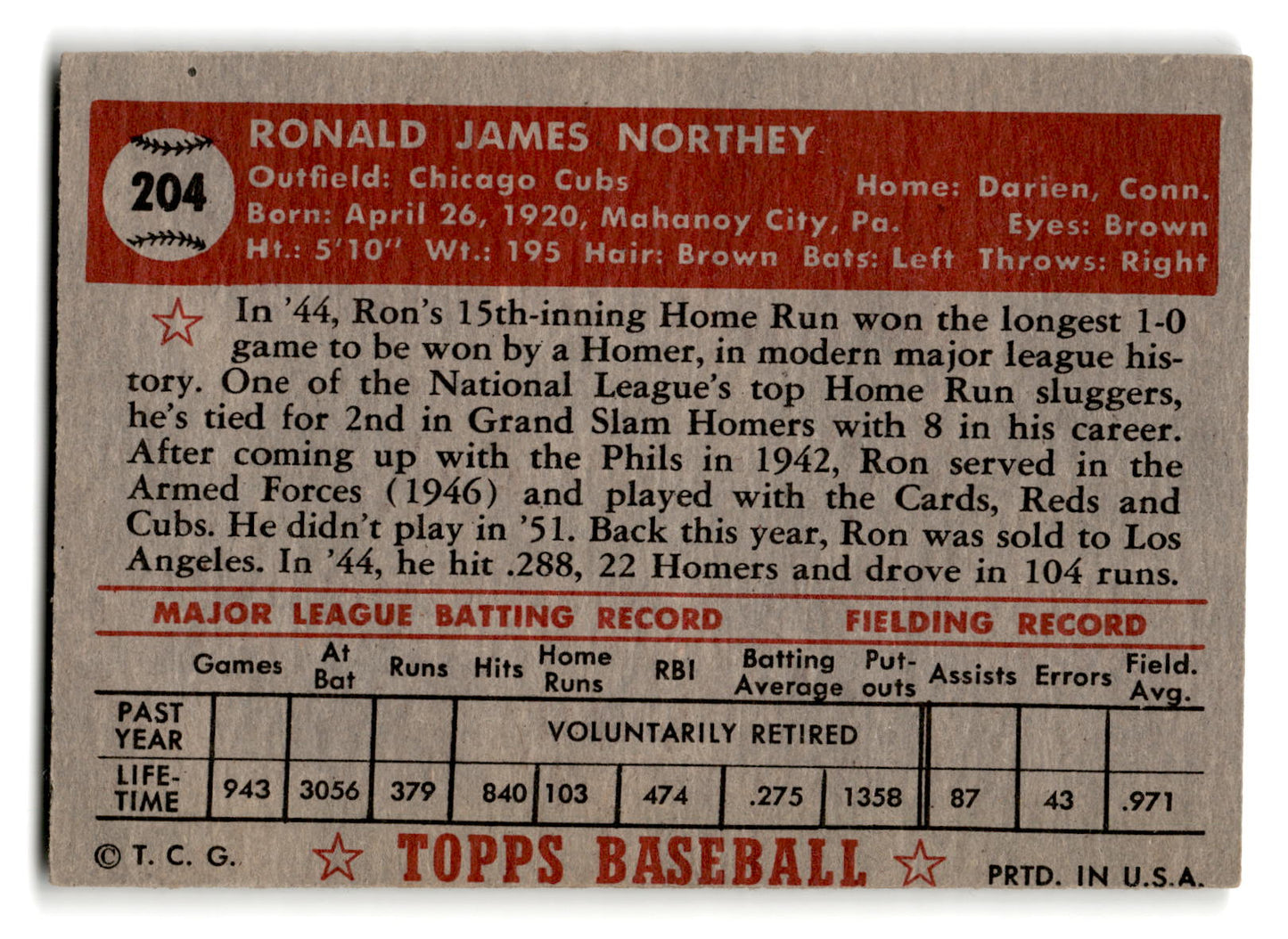 1952 Topps #204 Ron Northey - Chicago Cubs vg ex