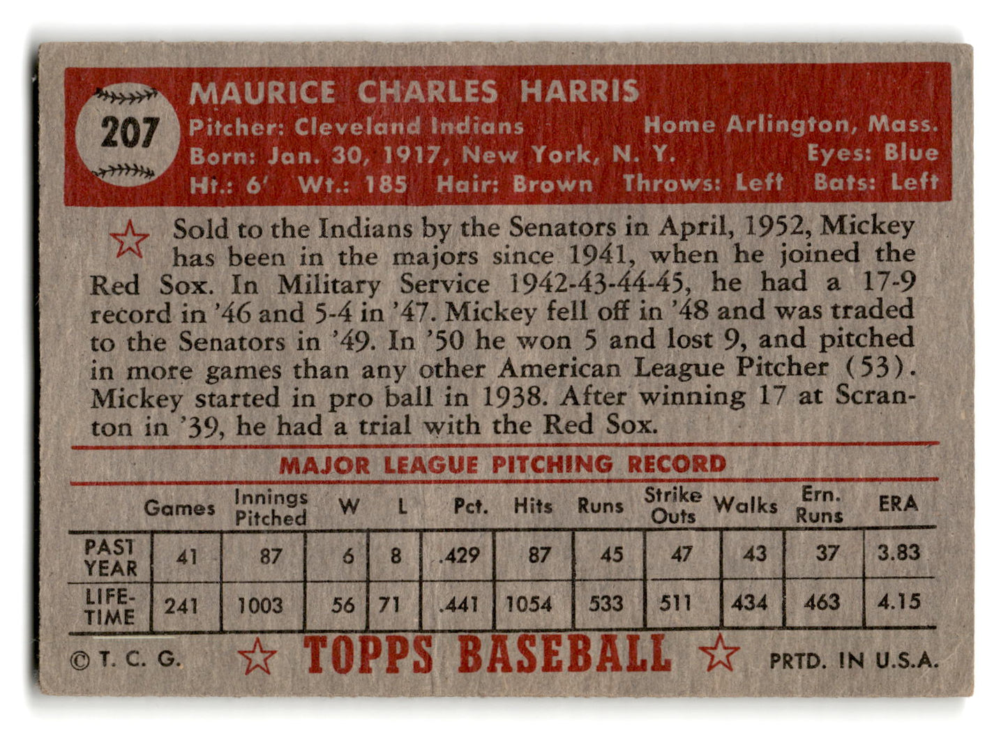 1952 Topps #207 Mickey Harris - Cleveland Indians g vg