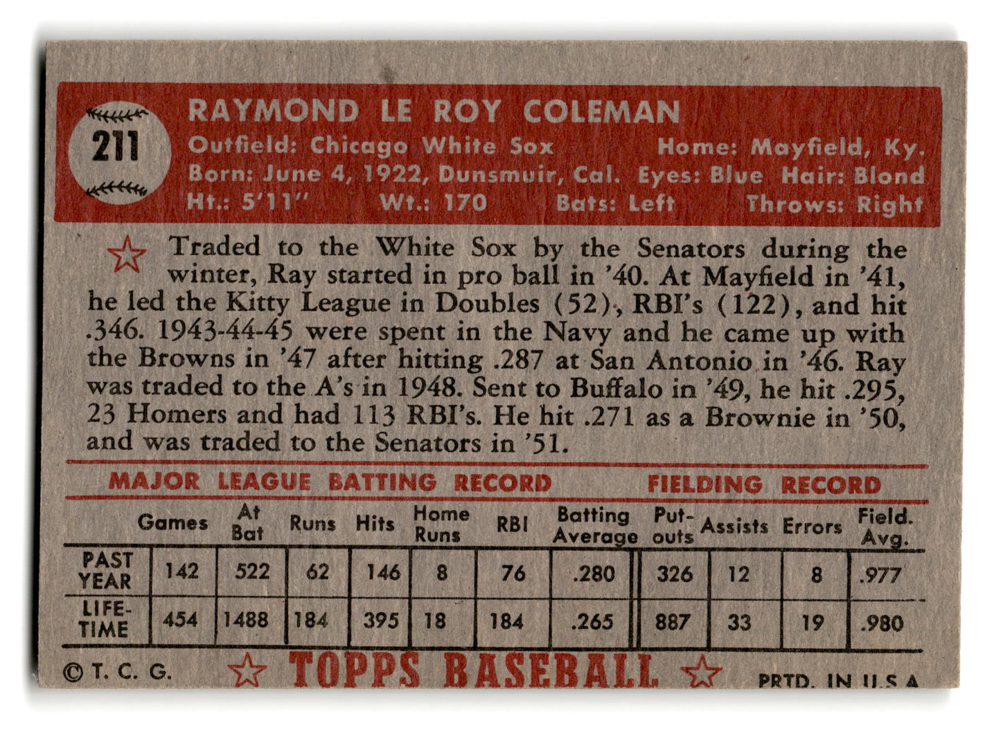 1952 Topps #211 Ray Coleman - Chicago White Sox vg ex