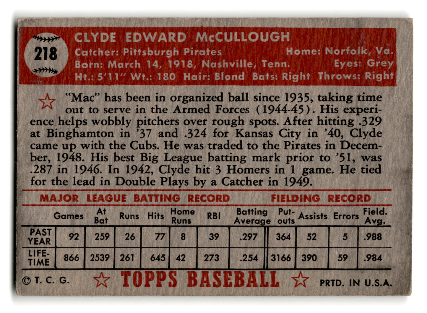 1952 Topps #218 Clyde McCullough - Pittsburgh Pirates vg