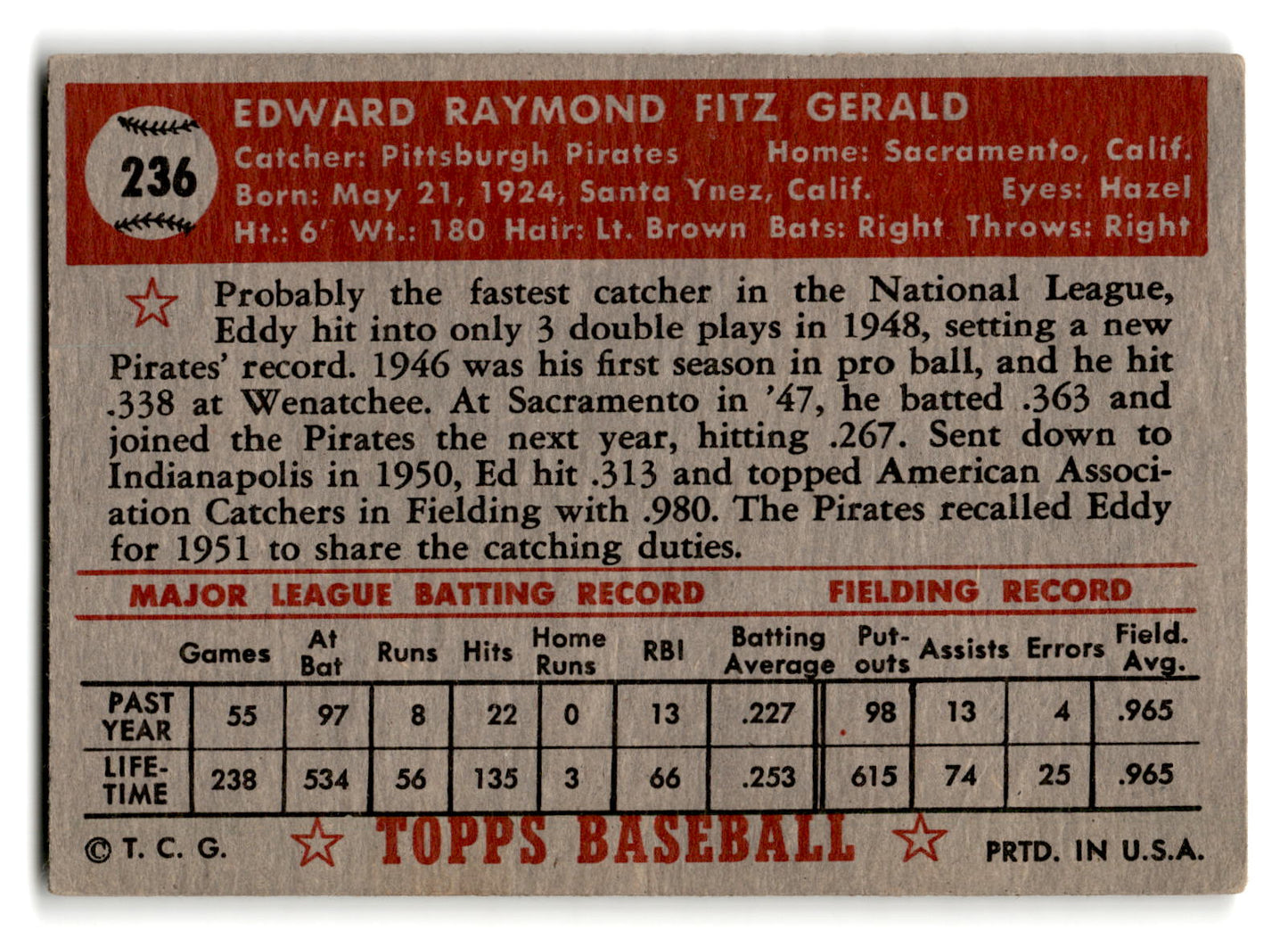 1952 Topps #236 Ed Fitz Gerald - Pittsburgh Pirates ex