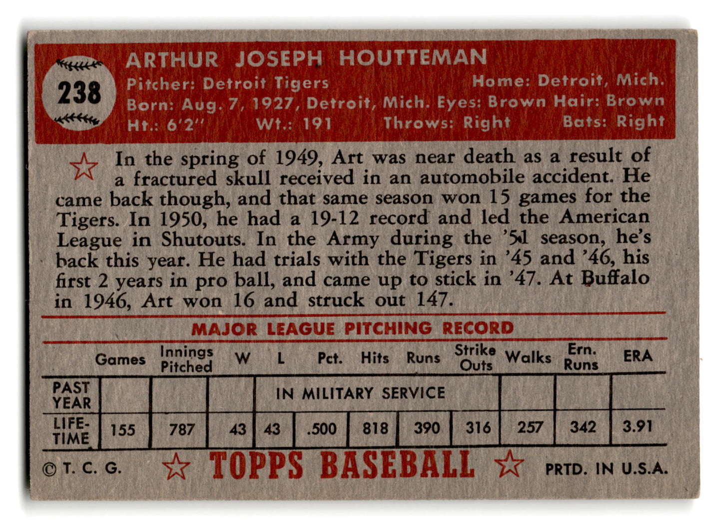 1952 Topps #238 Art Houtteman - Detroit Tigers ex