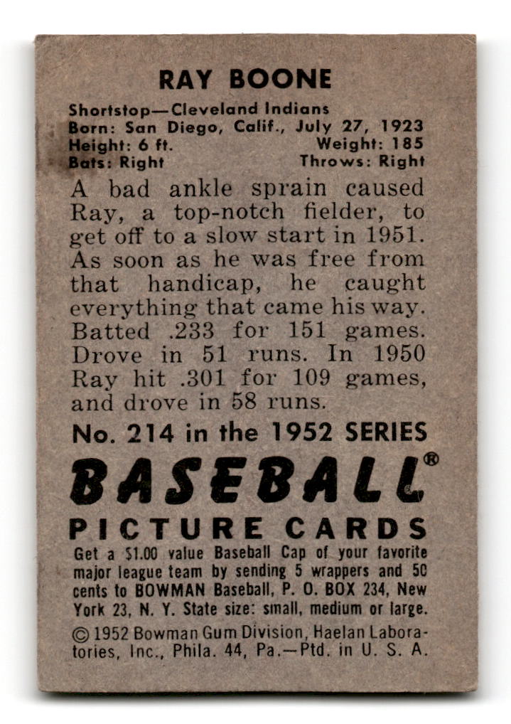 1952 Bowman #214 Ray Boone - Cleveland Indians VG