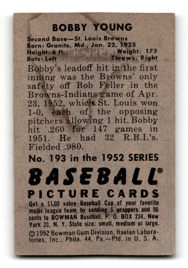 1952 Bowman #193 Bobby Young - St. Louis Browns RC F/G
