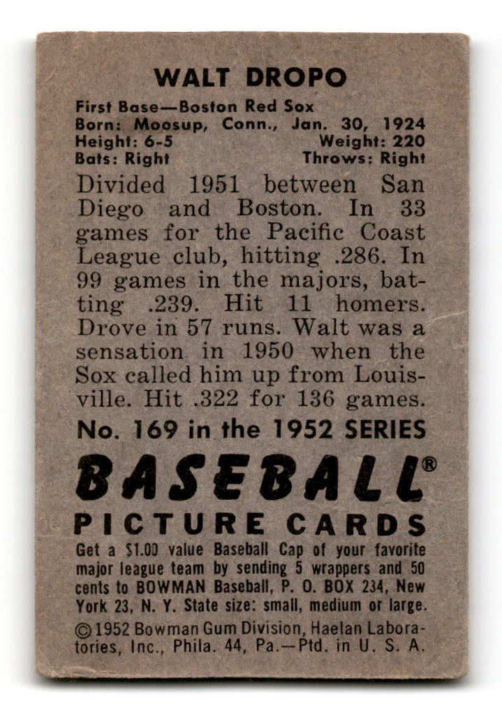 1952 Bowman #169 Walt Dropo - Boston Red Sox VG