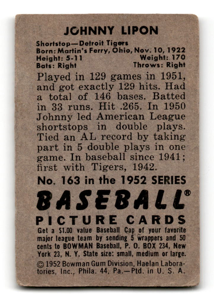 1952 Bowman #163 Johnny Lipon - Detroit Tigers VG