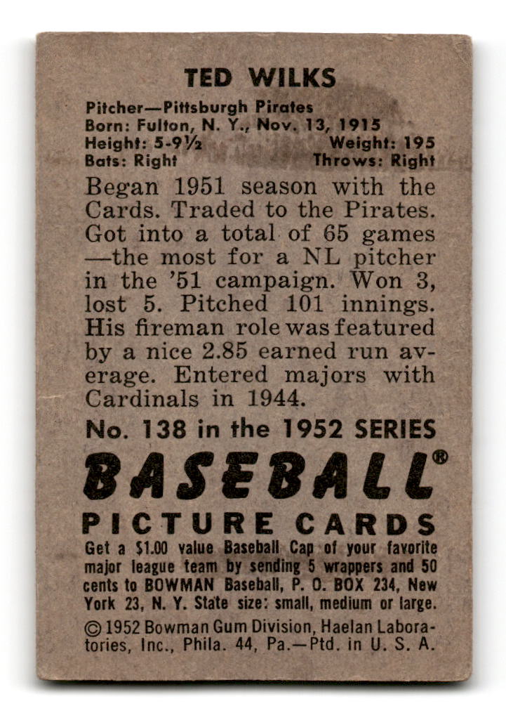 1952 Bowman #138 Ted Wilks - Pittsburgh Pirates VG