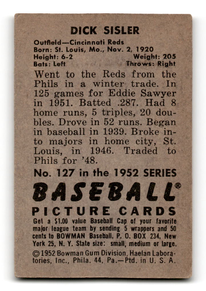 1952 Bowman #127 Dick Sisler - Cincinnati Reds VG