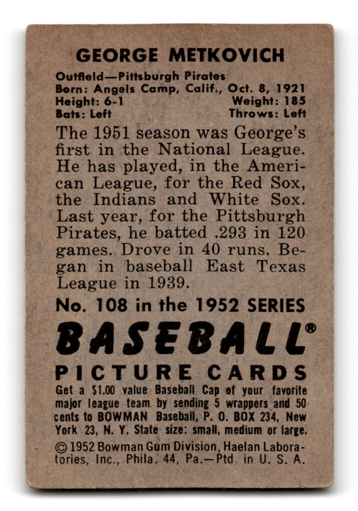 1952 Bowman #108 George Metkovich - Pittsburgh Pirates VG