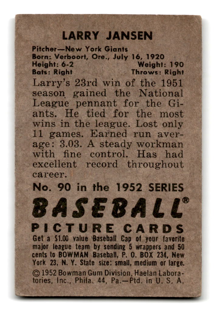 1952 Bowman #90 Larry Jansen - New York Giants VG
