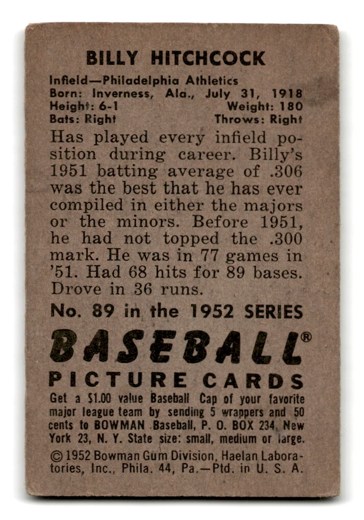 1952 Bowman #89 Billy Hitchcock - Philadelphia Athletics VG