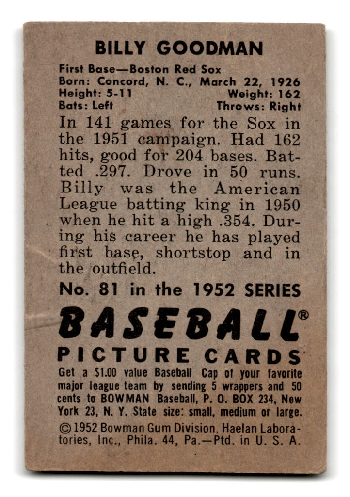 1952 Bowman #81 Billy Goodman - Boston Red Sox VG