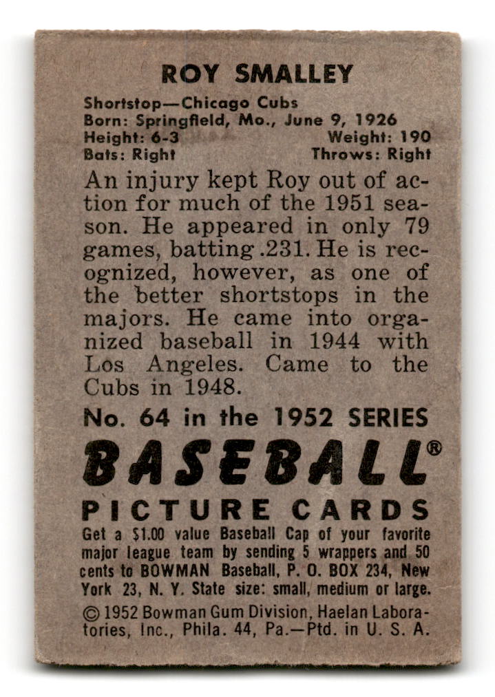 1952 Bowman #64 Roy Smalley - Chicago Cubs VG