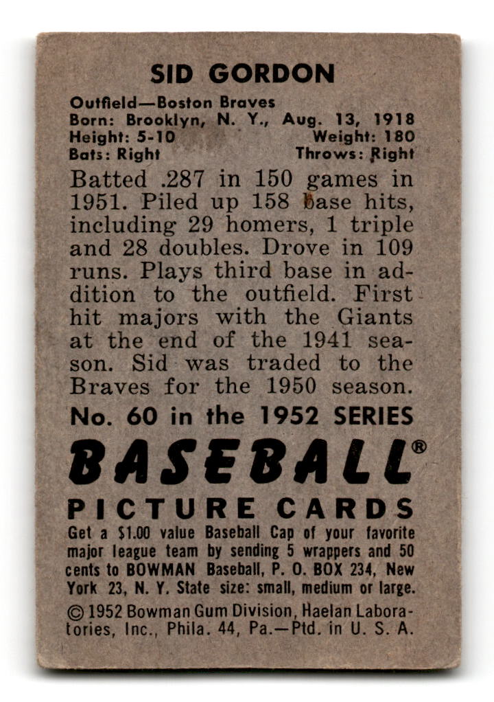 1952 Bowman #60 Sid Gordon - Boston Braves VG