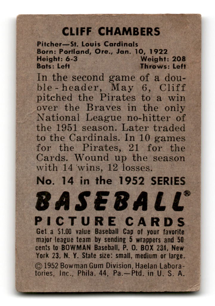 1952 Bowman #14 Cliff Chambers - St. Louis Cardinals VG