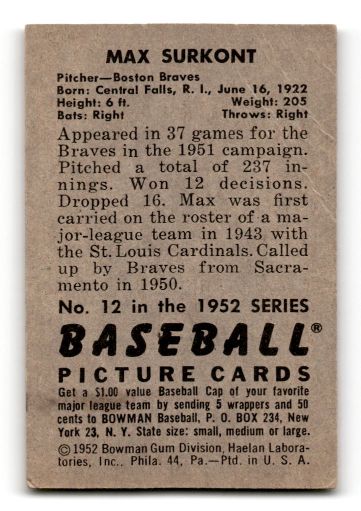 1952 Bowman #12 Max Surkont - Boston Braves RC VG