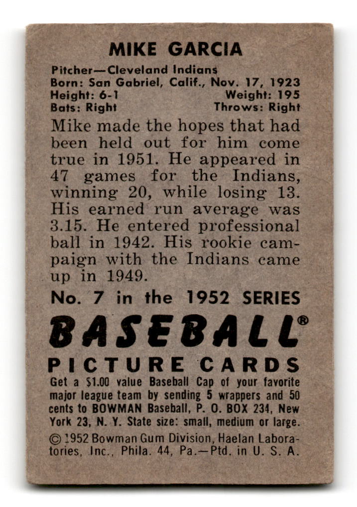 1952 Bowman #7 Mike Garcia #1 - Cleveland Indians VG