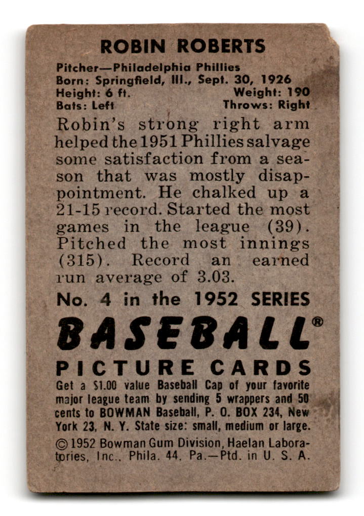 1952 Bowman #4 Robin Roberts #1 - Philadelphia Phillies G/VG