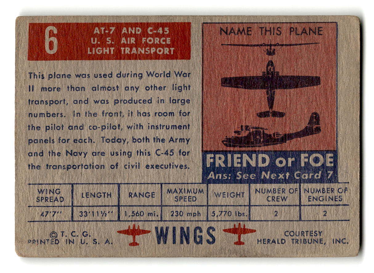 1952 Topps Wings #6 AT-7 Navigator U.S. Air Force Light Transport