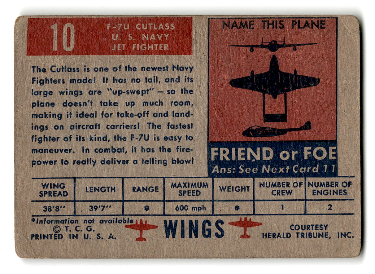 1952 Topps Wings #10 F7U Cutlass U.S. Navy Jet Fighter