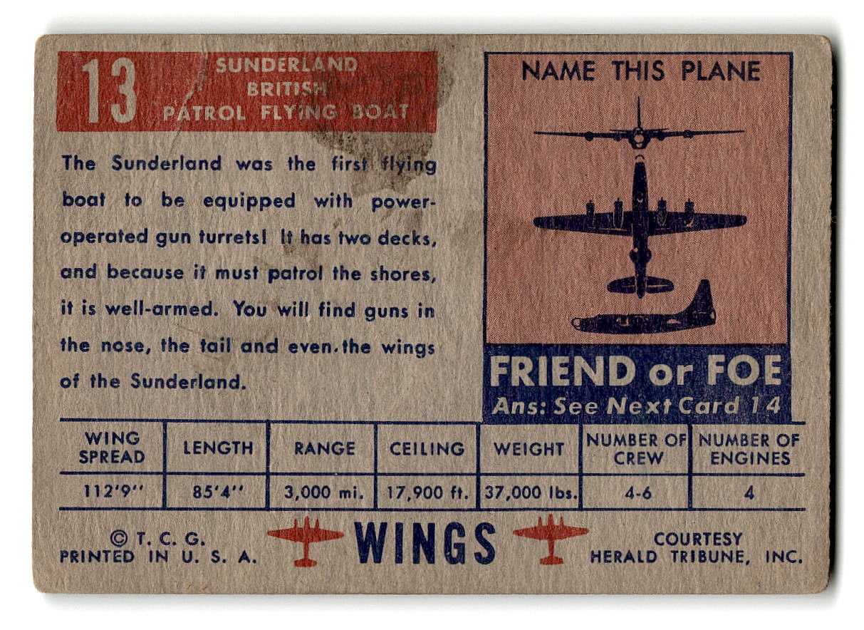 1952 Topps Wings #13 Sunderland British Patrol Flying Boat