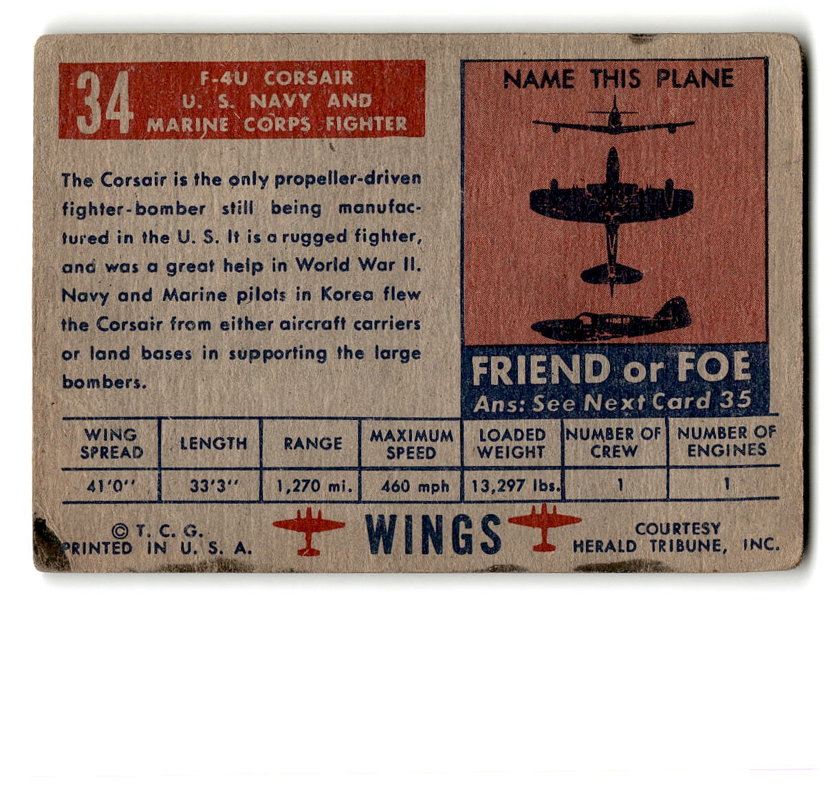 1952 Topps Wings #34 F4U Corsair U.S. Navy and Marine Corps Fighter