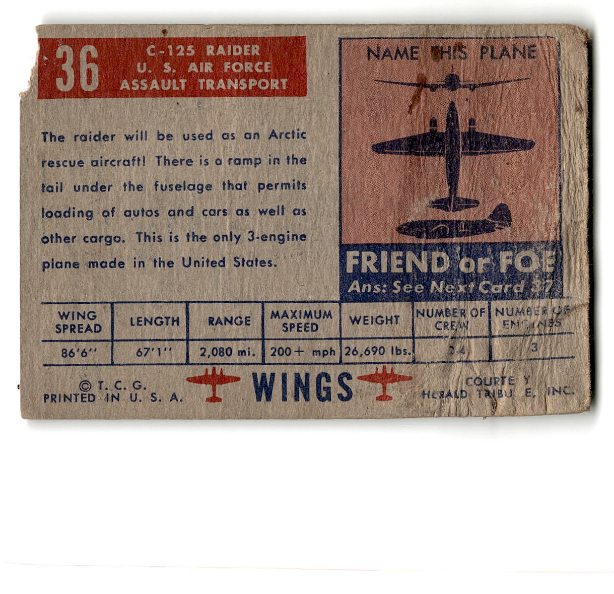 1952 Topps Wings #36 C-125 Raider U.S. Air Force Assault Transport
