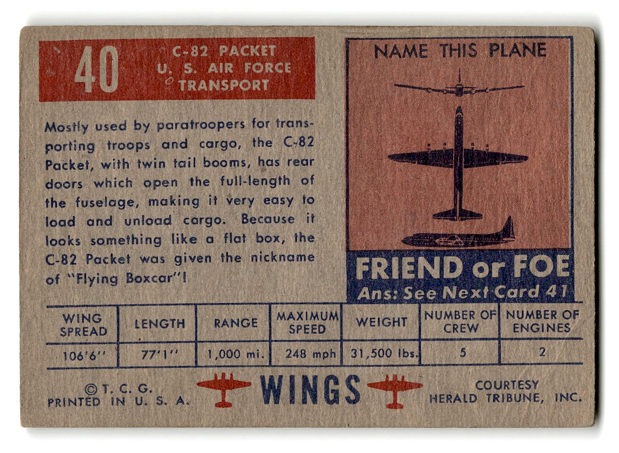 1952 Topps Wings #40 C-82 Packet U.S. Air Force Transport