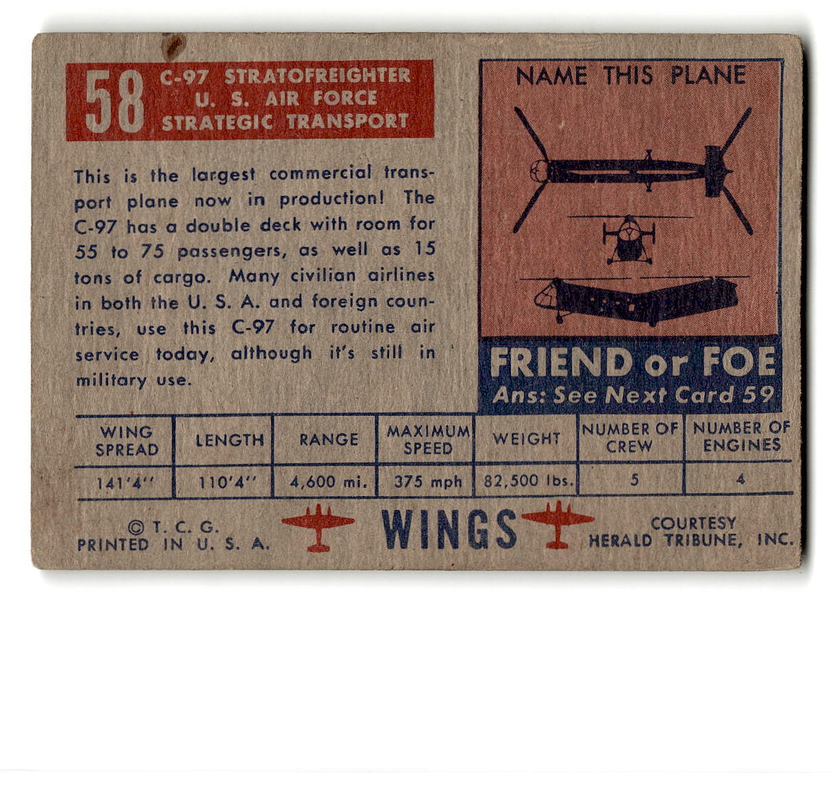 1952 Topps Wings #58 C-97 Stratofreighter U.S. Air Force Strategic Transport