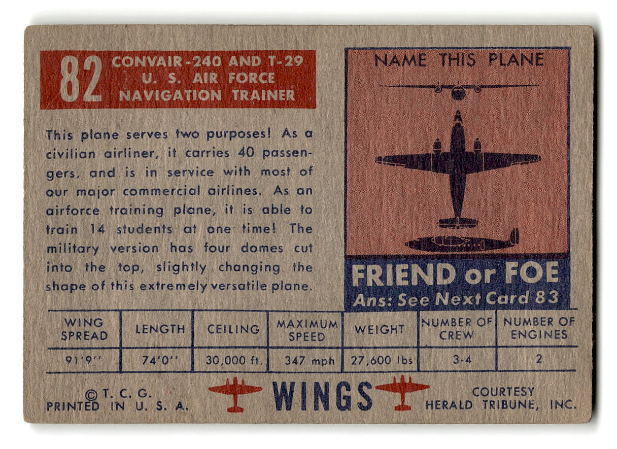 1952 Topps Wings #82 Convair 240 U.S. Air Force Navigation Trainer