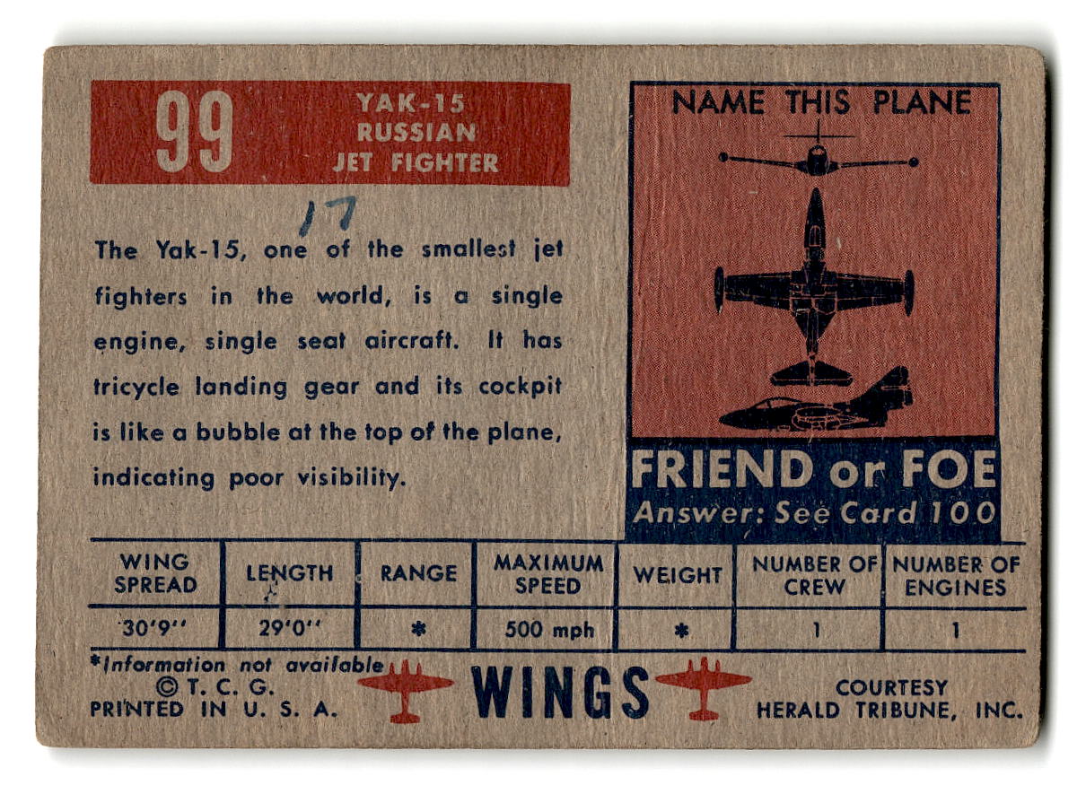 1952 Topps Wings #99 YAK-15 Russian Jet Fighter