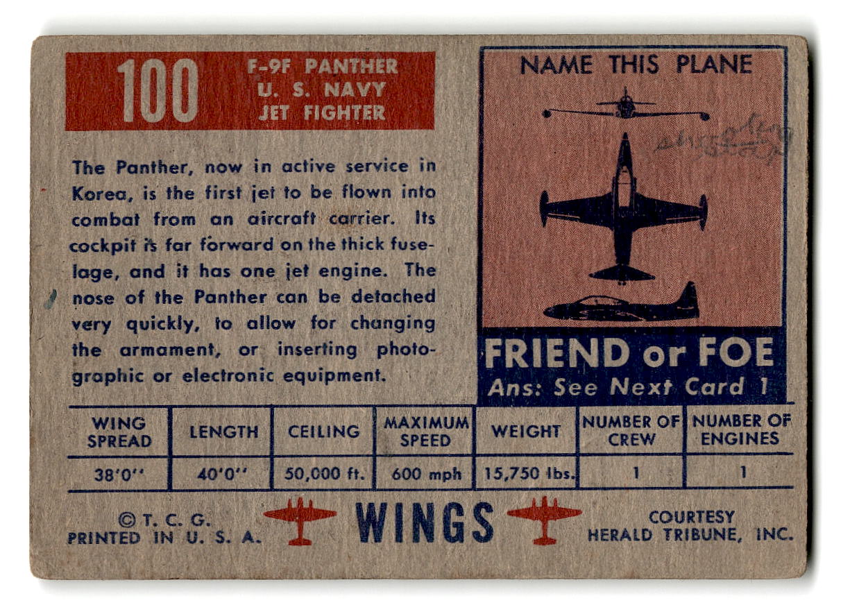 1952 Topps Wings #100 F9F Panther U.S. Navy Jet Fighter