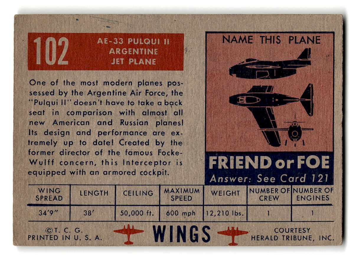 1952 Topps Wings #102 AE-33 Pulqui Argentine Jet Plane