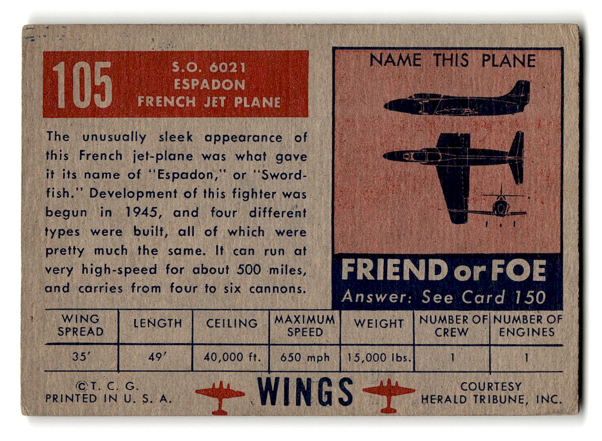 1952 Topps Wings #105 SO-6021 Espadan French Jet Plane