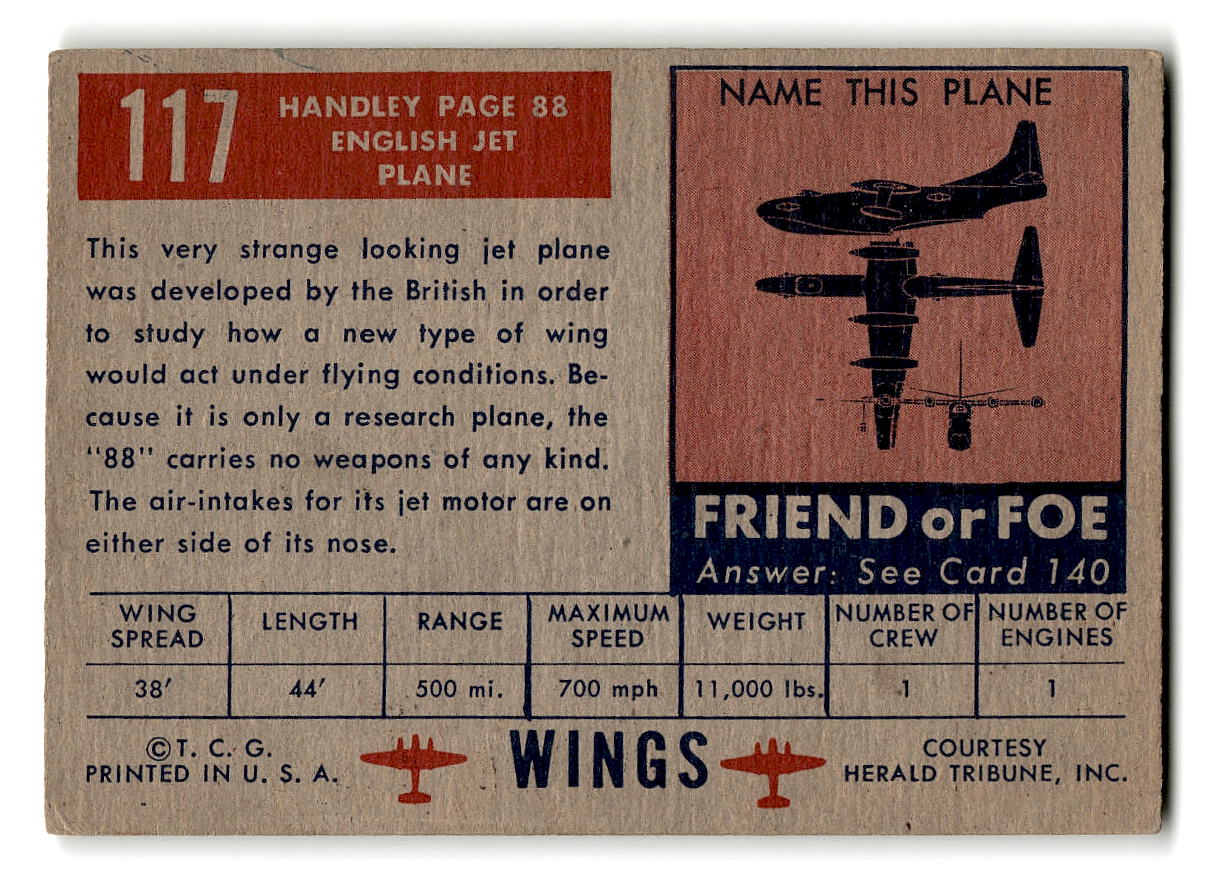 1952 Topps Wings #117 Handley Page 88 English Jet Plane