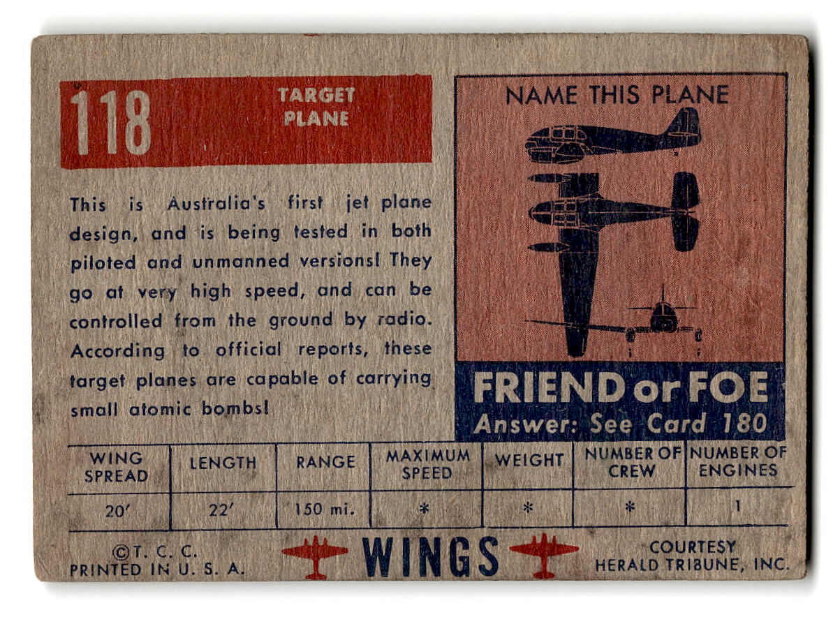 1952 Topps Wings #118 Target Plane Australian Jet