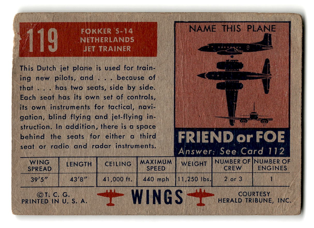 1952 Topps Wings #119 Fokker S14 Netherlands Jet Trainer
