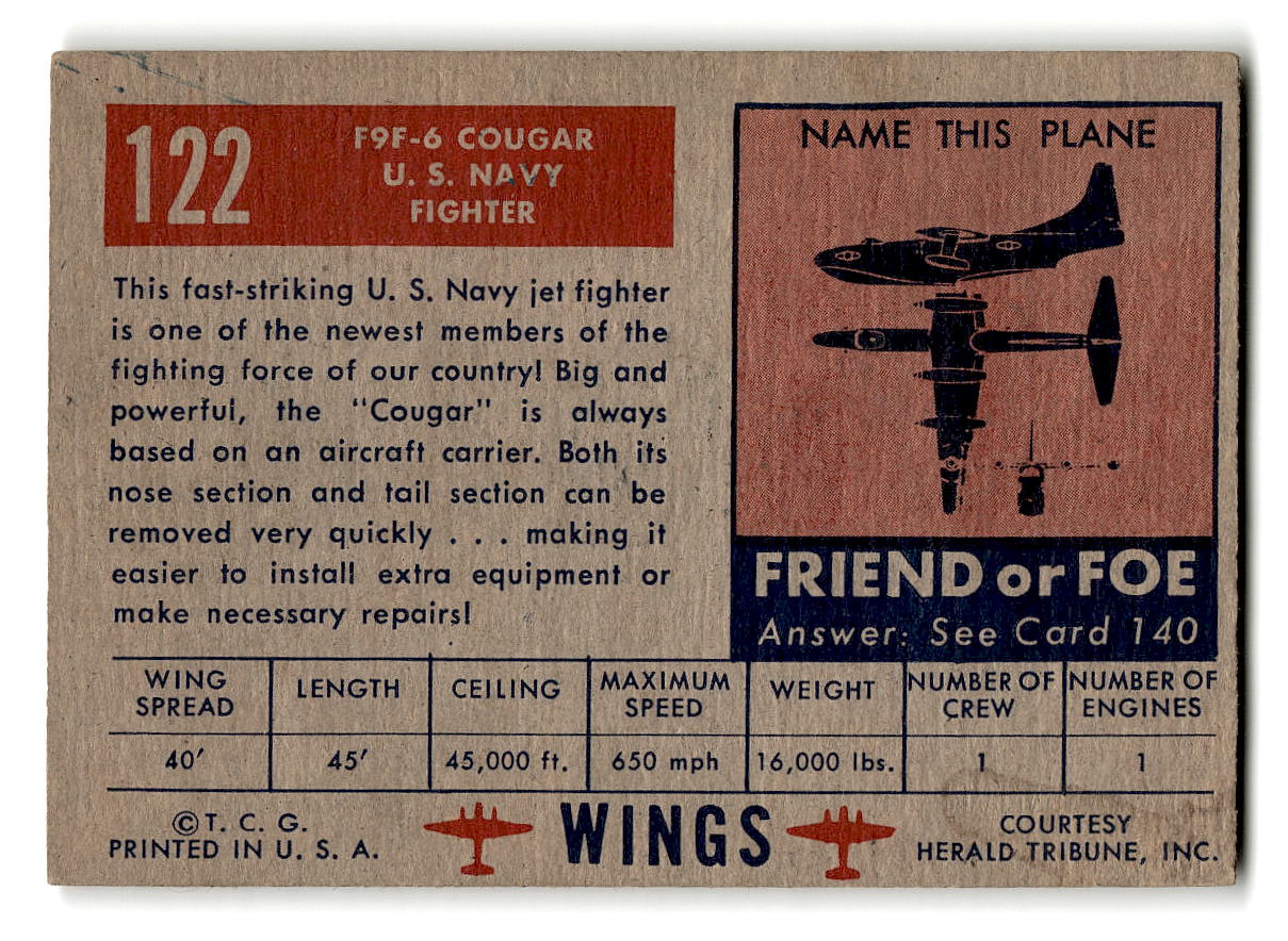 1952 Topps Wings #122 F9F6 Cougar U.S. Navy Fighter