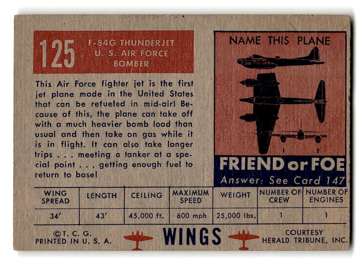 1952 Topps Wings #125 F-84-G Thunderjet U.S. Air Force Bomber