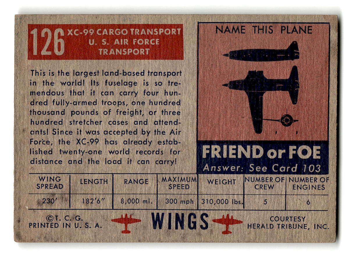1952 Topps Wings #126 XC-99 Cargo transport U.S. Air Force Transport
