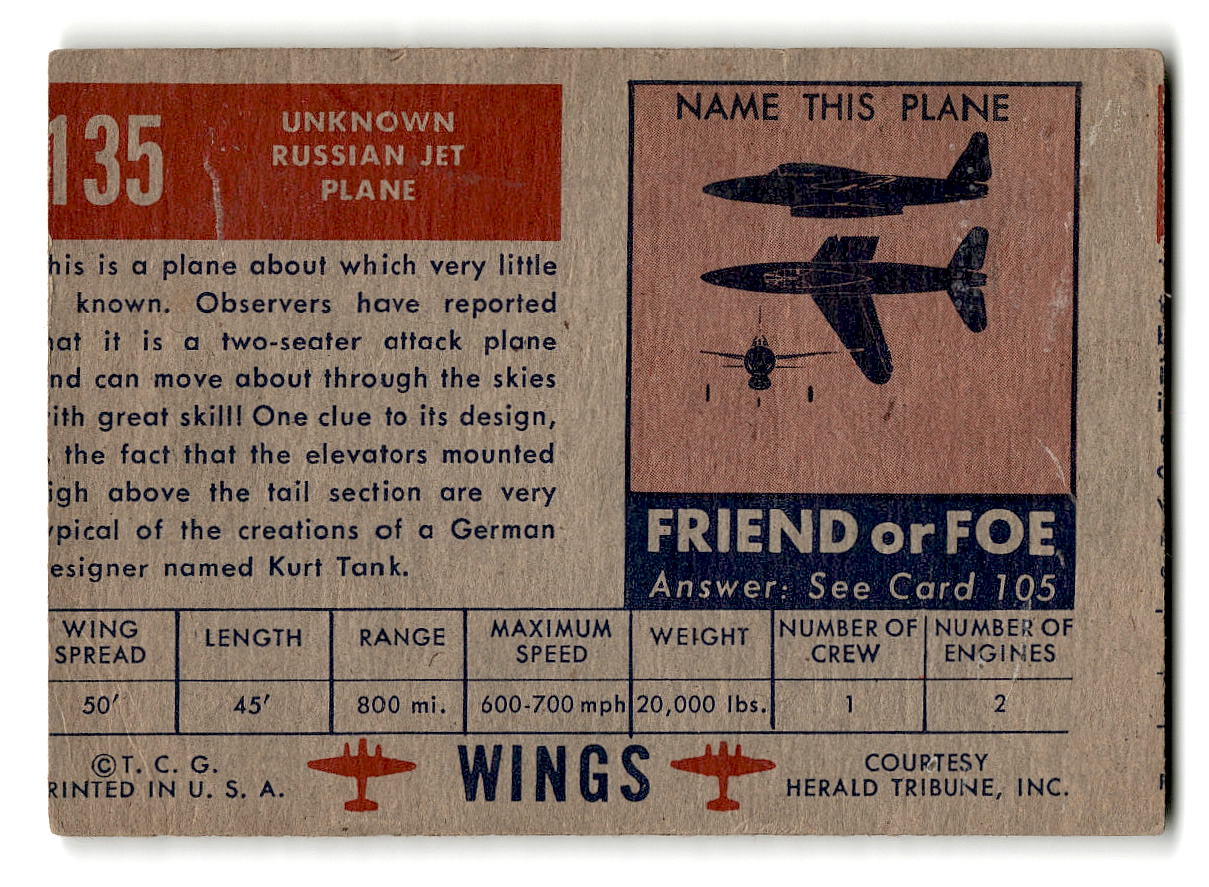 1952 Topps Wings #135 Unknown Russian Jet Plane