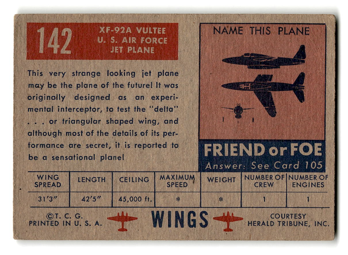 1952 Topps Wings #142 XF-92A Vultee U.S. Air Force Jet Plane