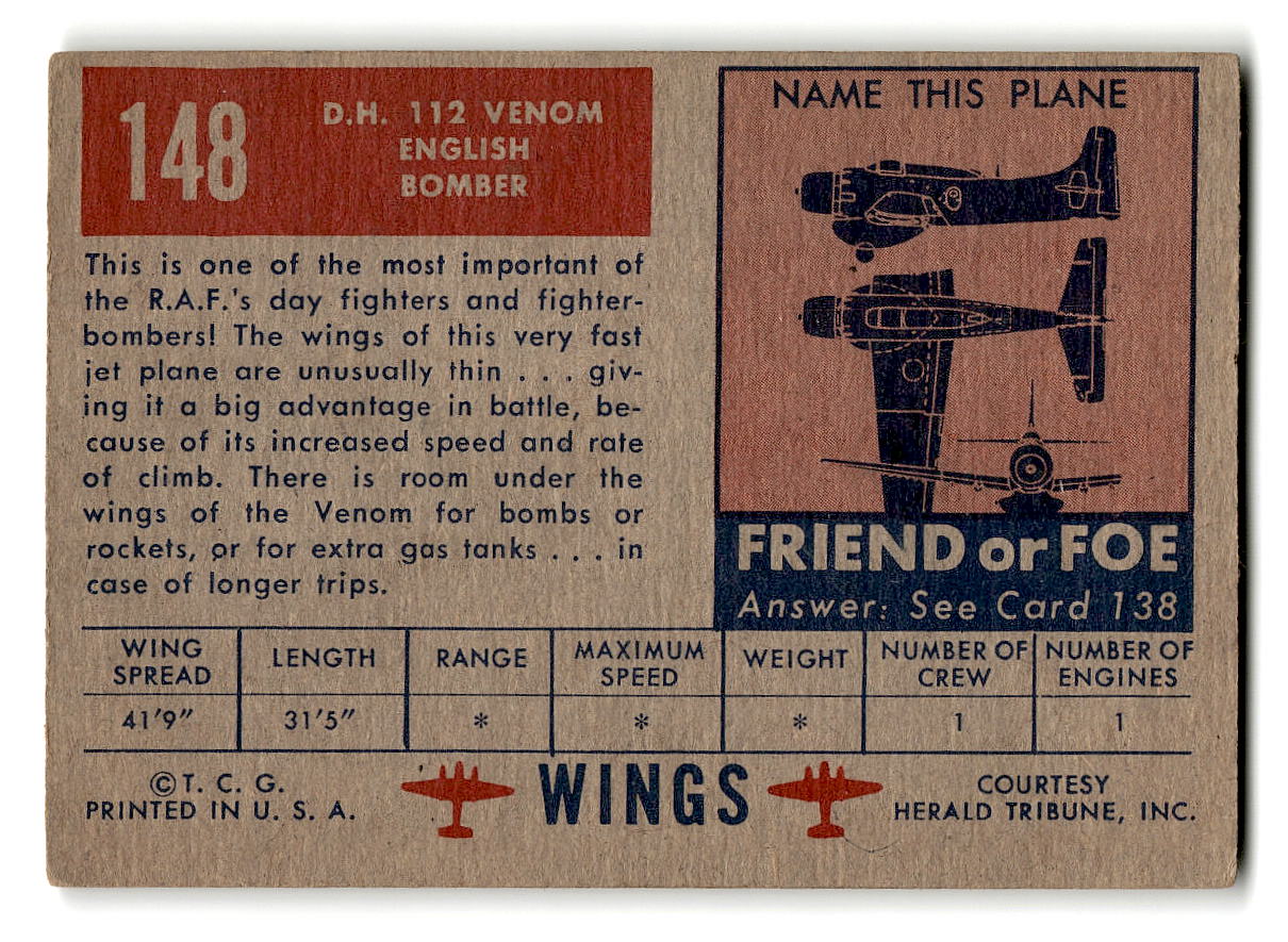 1952 Topps Wings #148 DH 112 Venom English Bomber