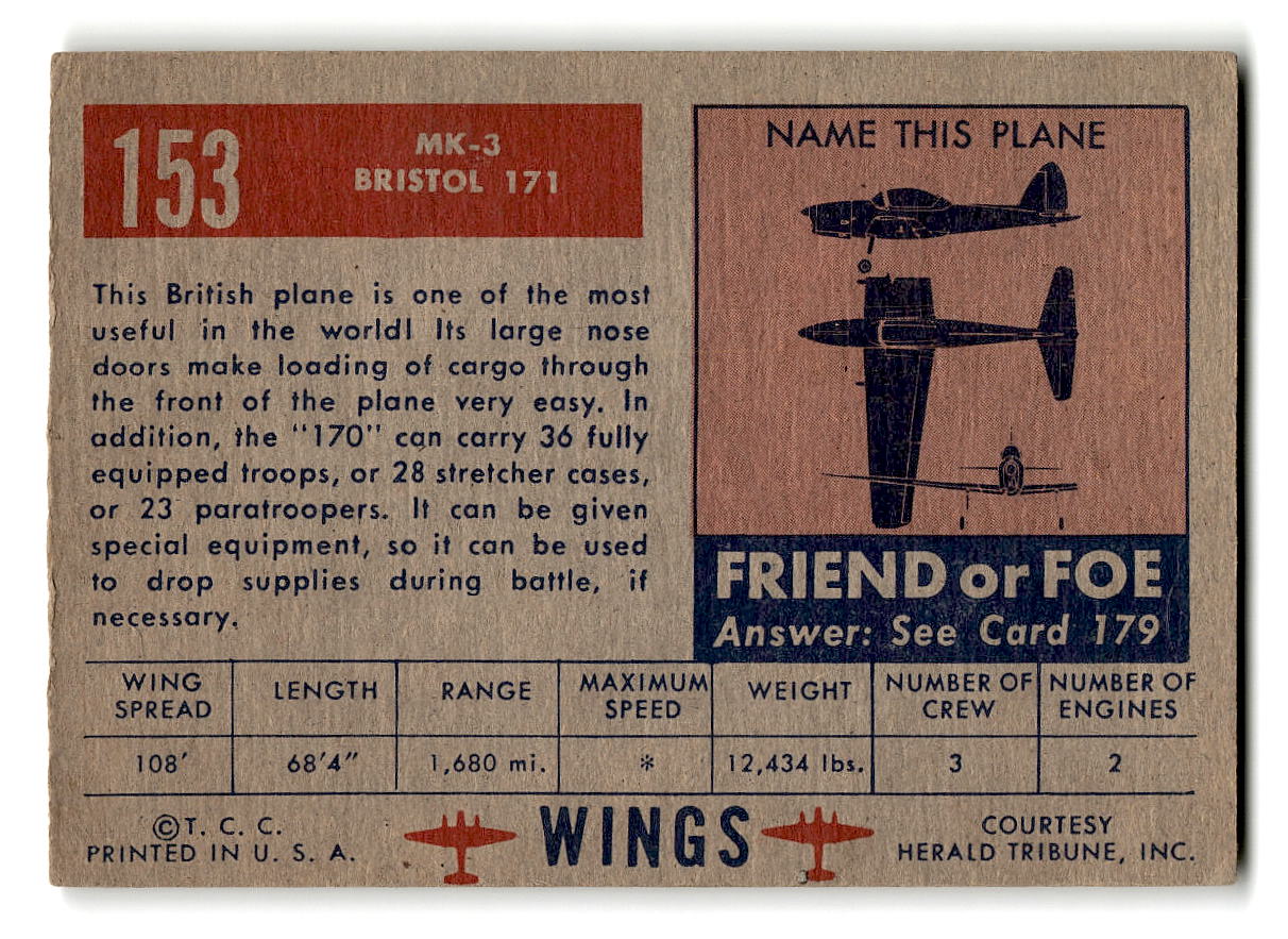 1952 Topps Wings #153 Bristol 171 MK-3 British Freighter