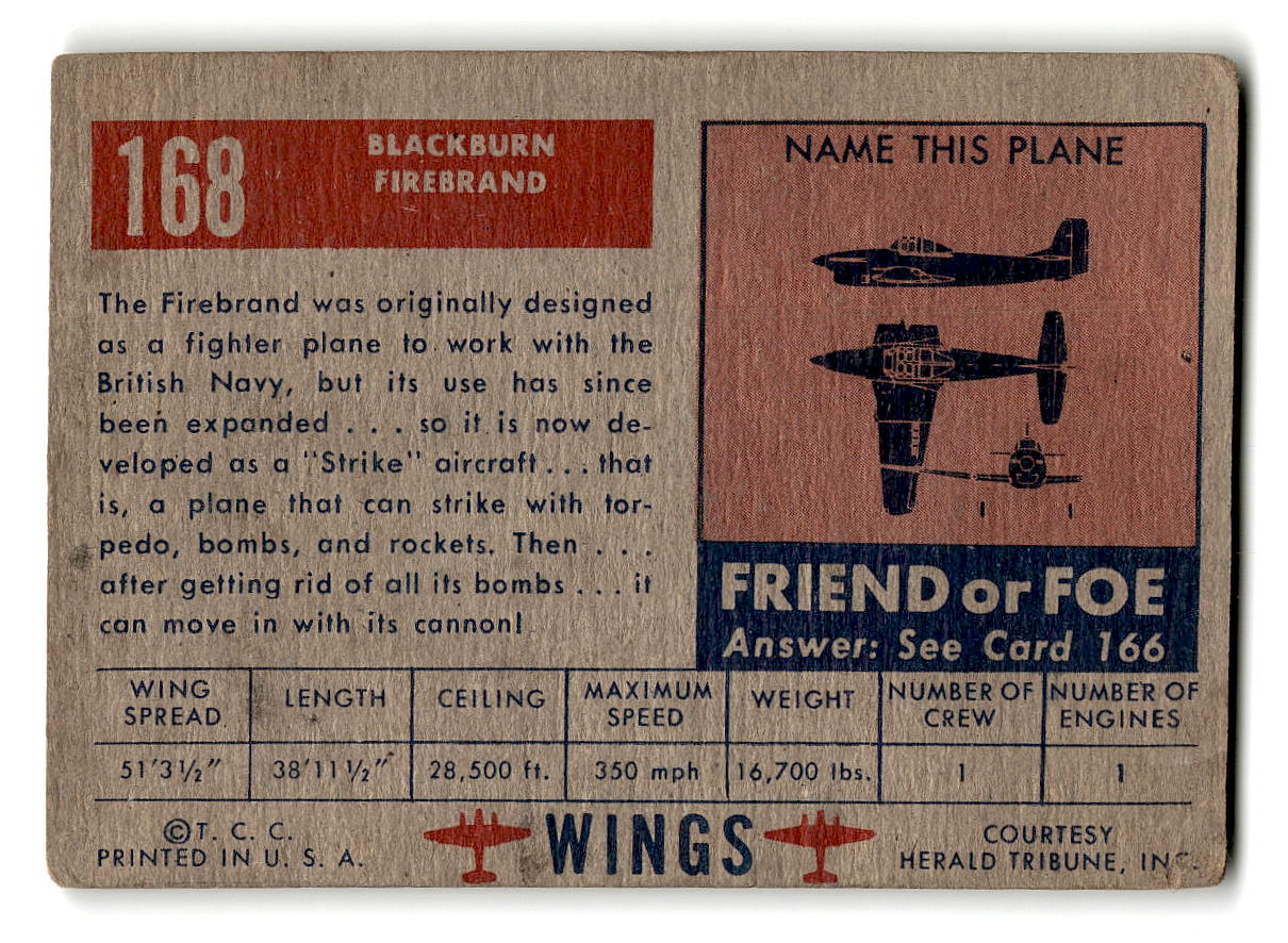 1952 Topps Wings #168 Blackburn Firebrand British Navy Fighter