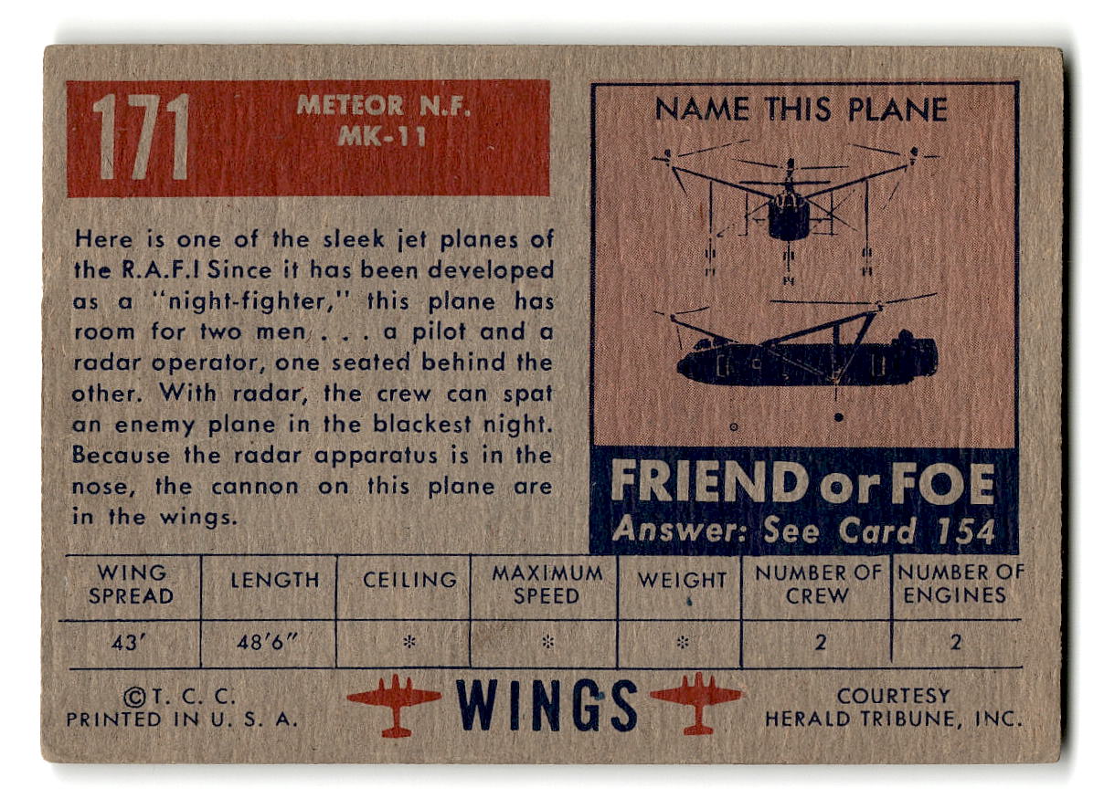 1952 Topps Wings #171 Meteor N.F. MK-11 British Jet Fighter